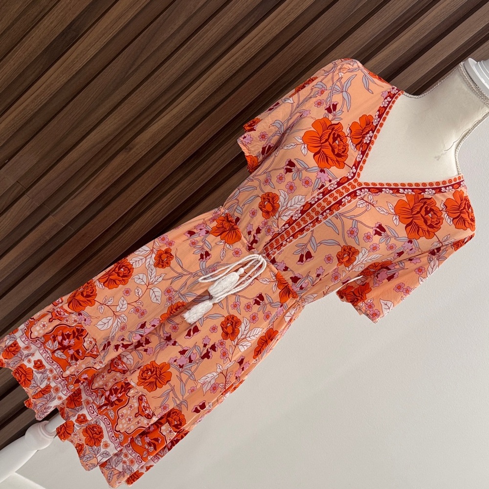 Peach Floral Boho Tie-Waist Dress